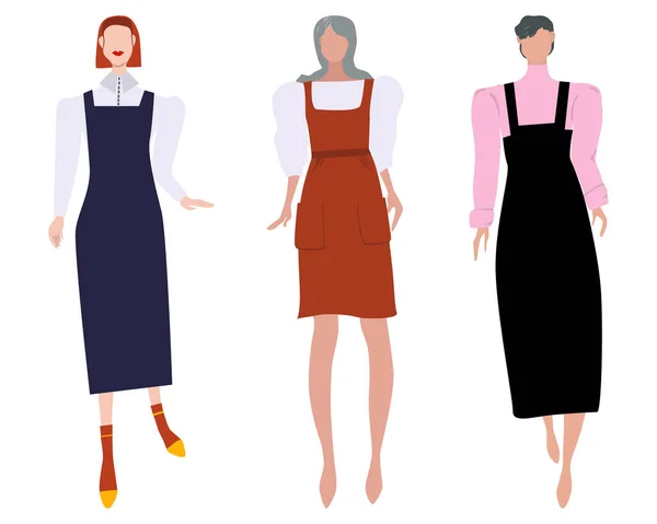 Gruppo Donne Street Style Collezione Personaggi Che Indossano Pinafore Abito — Vettoriale Stock