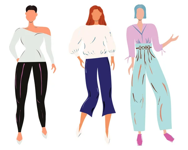 Grupo Mujeres Colección Personajes Estilo Callejero Con Leggings Pantalones Anchos — Vector de stock