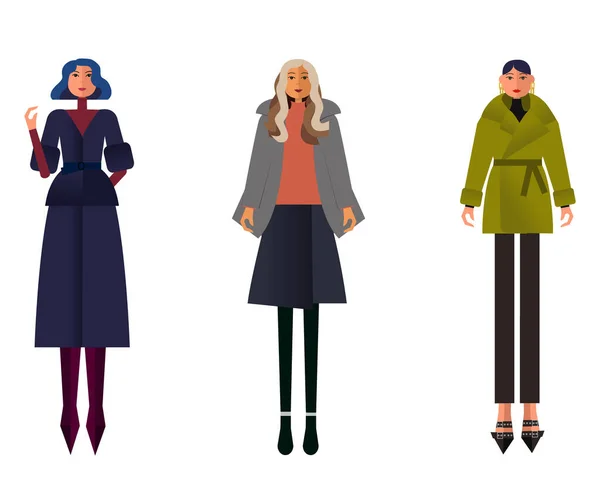 Group Females Street Style Characters Collection Wearing Autumn Coats Different — Stock Vector