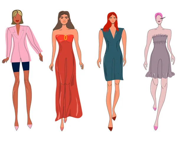 Grupa Kobiet Street Style Kolekcji Znaków Dziewczęce Modelki Gotowe Szczęśliwi — Wektor stockowy