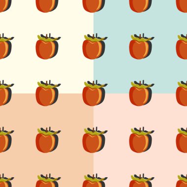Sharon meyveli üst manzara. Pembe, turuncu, bej, turkuaz arka planda gölgeli ve pürüzsüz sanat deseni. Duvar kağıtları, kumaşlar, tekstil ve ambalaj için bitmeyen desen tasarımı.