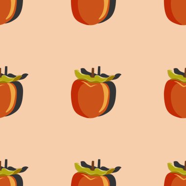 Sharon meyveli üst görünümü, turuncu arka planda gölgeli, dikişsiz sanat deseni. Persimmon sonsuz desen vektör çizimi, duvar kağıtları, kumaşlar, tekstil, ambalaj için tasarım.