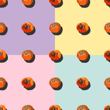 Sharon meyveli üst manzara gölgeli pop sanatının turkuaz, pembe, mor ve sarı arkaplan üzerindeki kusursuz deseni. Duvar kağıtları, kumaşlar, tekstil ve ambalaj için sonsuz desen vektör tasarımı.