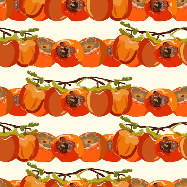 柿はベージュの背景にシームレスなパターンを分岐します シャロンフルーツ無限のパターンベクトル図 包装のためのデザイン — ストックベクタ