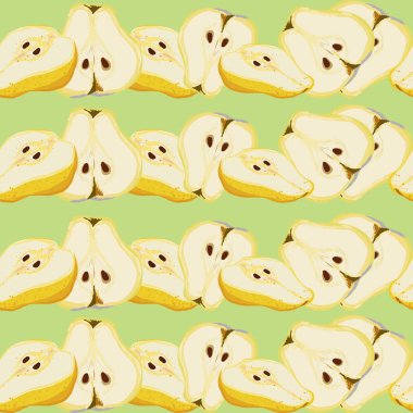 Yeşil arka planda sarı kesim armutlar pürüzsüz desen. Sulu ve ağız sulandırıcı desen, duvar kağıtları, kumaşlar, tekstil, ambalaj için tasarım.