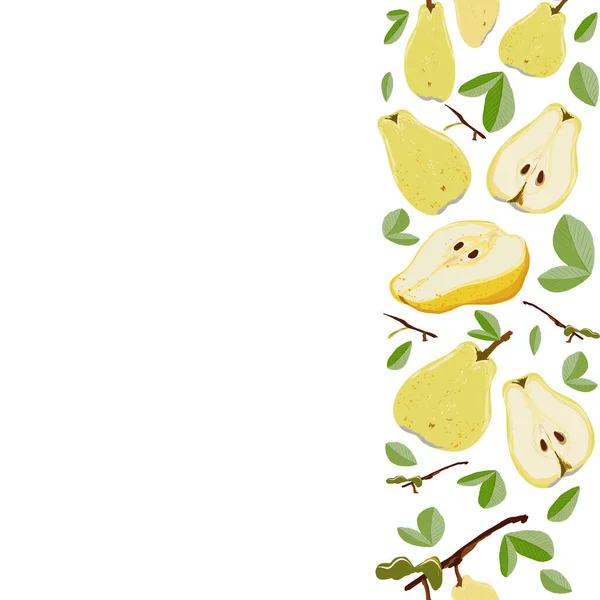 Κίτρινα Αχλάδια Ολόκληρα Φύλλα Χωρίς Ραφή Κάθετο Περίγραμμα Λευκό Φόντο — Διανυσματικό Αρχείο
