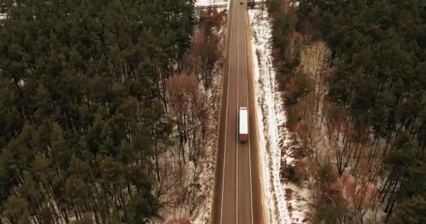 无人机射击白色卡车在森林的道路上与逐步提升和删除。电影效果. — 图库视频影像
