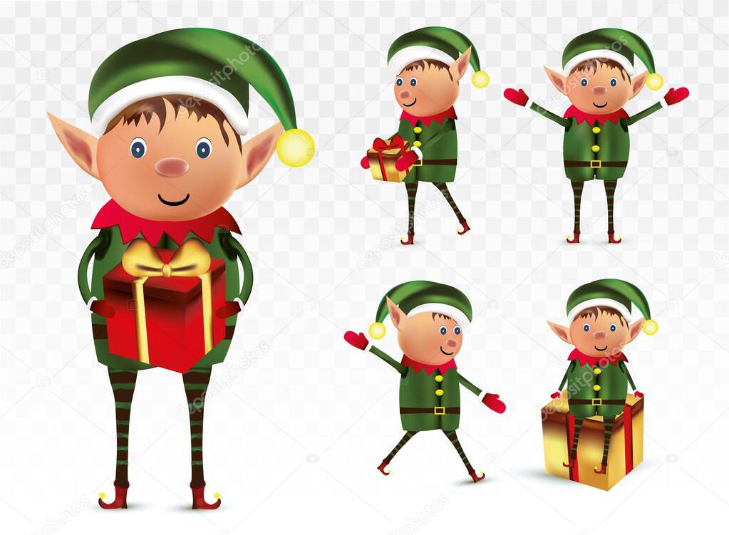 Collection little elves isolated on white background. Santas helpers. Elf with gift present. Icon set. Vector illustration