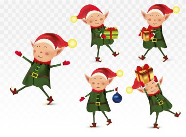 Bir grup şirin noel elfi. Noel Baba yardımcıları. Küçük güzel elfler. Mutlu yıllar. Hediyeli elfler. Simge ayarlandı. Vektör illüstrasyonu.