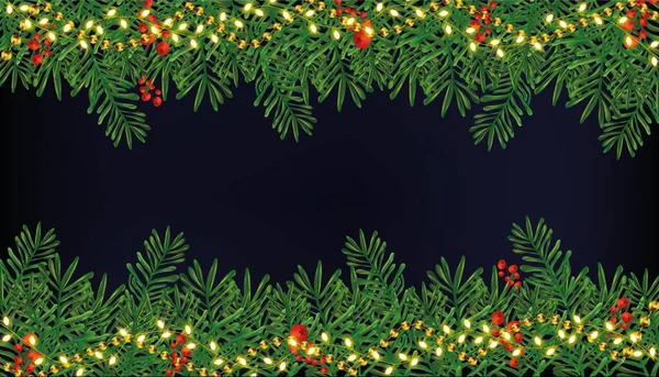 Border with Christmas green branches, holly red berries on dark blue background. Christmas sparkling lights garland. Happy New Year and Merry Christmas. Vector illustration — Stock Vector