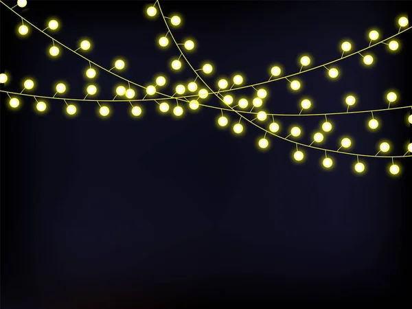 Luci di Natale su sfondo blu scuro. Luci luminose per Natale e Capodanno. Ghirlanda di luci d'oro. Collezione di ghirlande incandescenti. Illustrazione vettoriale — Vettoriale Stock