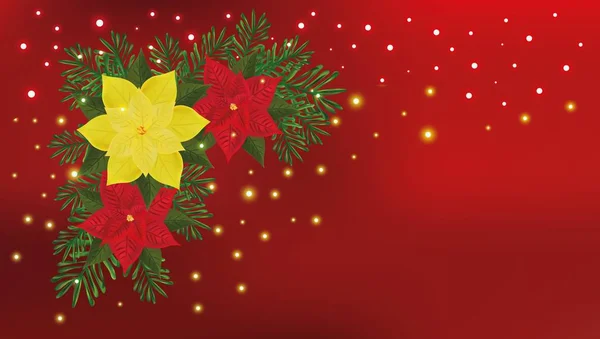 Christmas decoration. Red and yellow poinsettia with green tree. Christmas Stars. Beautiful Christmas border.Christmas symbols. 3D realistic poinsettia with copy space for your text.Vector — Stock Vector