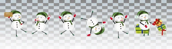 Collection of funny Cheerful snowmans. Cute Christmas snowmans isolated on transparent background. Christmas characters. Snowman with gift present. Icon set. Vector illustration — Stock Vector