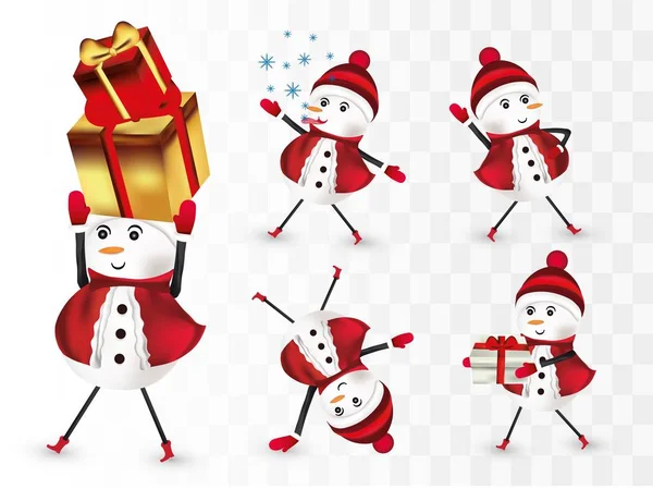 Colección de muñecos de nieve alegre. Personajes navideños. Muñeco de nieve con regalo. Muñeco de nieve con sombrero rojo, bufanda y manoplas aisladas sobre fondo transparente. Set de iconos. Ilustración vectorial . — Archivo Imágenes Vectoriales