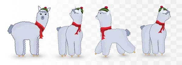 Рождественские милые ламы, изолированные на прозрачном фоне. Маленькие красивые Ламы. Рождественские персонажи Набор икон. Векторная иллюстрация — стоковый вектор