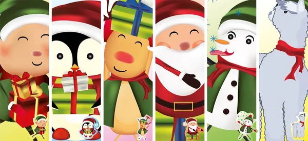 Kolekce Vánoční postavy. Vánoční sněhulák, Santa Clause, elfové, sobi, lamy, tučňáci. Ikona nastavena. Vektorová ilustrace — Stockový vektor