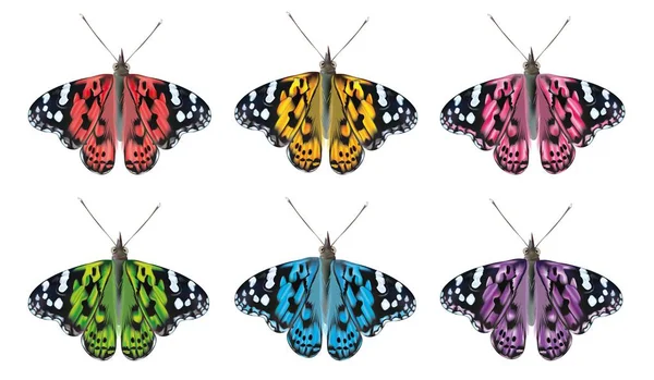 Fliegende bunte Schmetterlinge isoliert auf weißem Hintergrund. 3D realistische schöne Schmetterlinge. Biologie. Vektorillustration — Stockvektor
