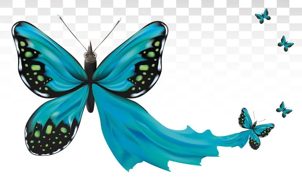 Blau schöne fliegende Schmetterlinge isoliert auf transparentem Hintergrund. Schmetterlinge in Bewegung. Abstrakte Darstellung. — Stockvektor