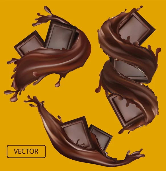 Chocolate bar with splashing and whirl chocolate liquid. Realistic vector. Pieces of chocolate, which with drops. Vector illustration — Stock Vector