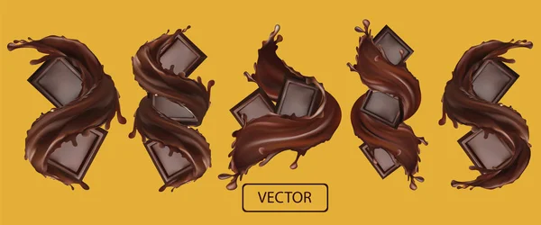 Barra de chocolate com salpicos e redemoinho líquido de chocolate. Vetor realista. Pedaços de chocolate, que com gotas. Ilustração vetorial — Vetor de Stock