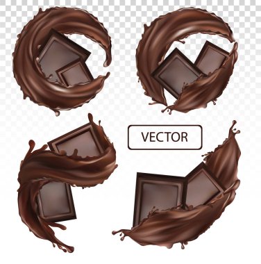 Çikolata, kakao yağı, çikolata soslu tatlı ve çikolata likörü. Gerçekçi vektör. Şeffaf arkaplan üzerine damlayan çikolata parçaları. Vektör illüstrasyonunu ayarla
