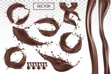 3D gerçekçi illüstrasyon, tasarım etiketi için çikolata, kakao yağı, çikolata ezmesi ve şeffaf arka planda çikolata damlaları serpiştiriyor. Vektör illüstrasyonunu ayarla.