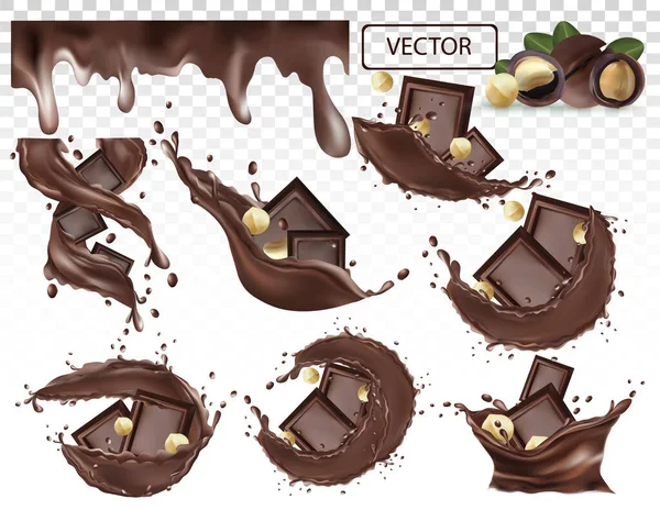 ナッツマカダミアとチョコレートスプラッシュ.透明感のある背景にドロップ入りのチョコレート。チョコレートペースト。ココアだ。チョコレートバー。リアルなベクターイラストをセット — ストックベクタ