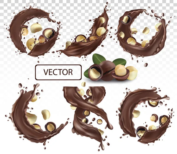 Chocolate splash with nuts macadamia. Dark chocolate-nuts paste. Cocoa. Chocolate dessert. Collection 3D realistic chocolate spray. Vector illustration — Stock Vector