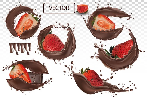 3d realistic chocolate splash with strawberry. Collection strawberries covered in chocolated. Sweet chocolate dessert on transparent background. Vector illustration Royalty Free Stock Vectors