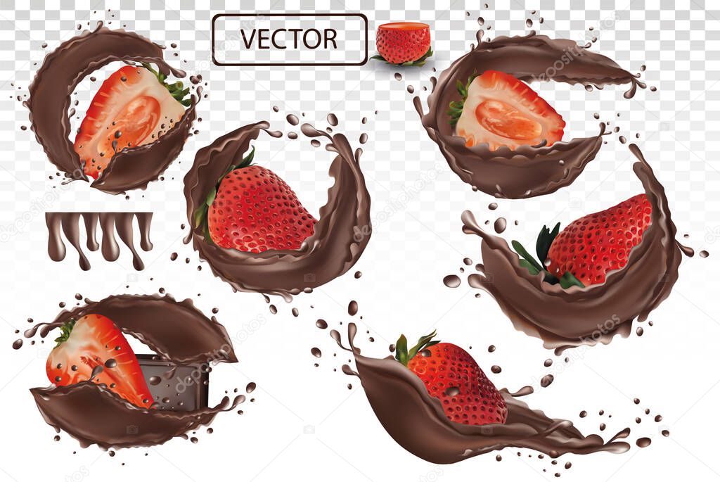 3d realistic chocolate splash with strawberry. Collection strawberries covered in chocolated. Sweet chocolate dessert on transparent background. Vector illustration