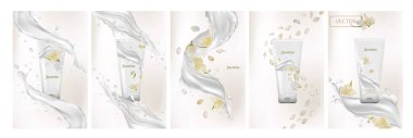 Yasemin kremi koleksiyonu. Süt, yasemin çiçeğiyle sulanır. 3D gerçekçi yasemin. Bir demet güzel beyaz çiçek. Yasemin kokulu. Vektör illüstrasyonu