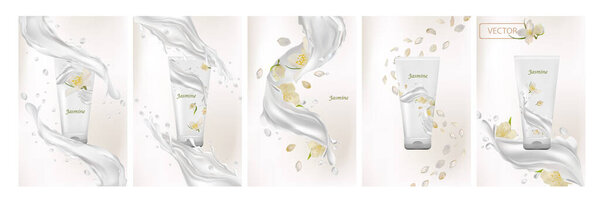 Collection jasmine cream. Milk splash with flower jasmine. 3D realistic jasmine. Bunch beautiful white flowers. Fragrant jasmine. Vector illustration
