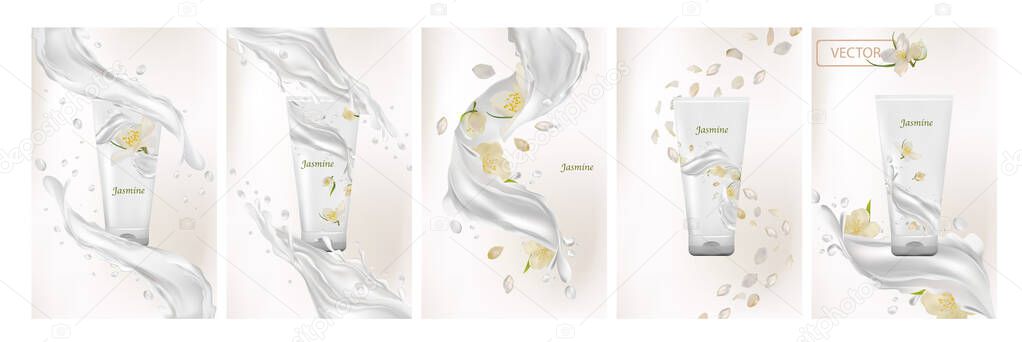 Collection jasmine cream. Milk splash with flower jasmine. 3D realistic jasmine. Bunch beautiful white flowers. Fragrant jasmine. Vector illustration