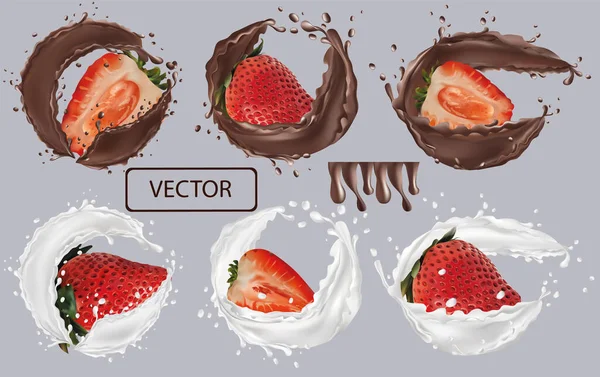3d realistic milk and chocolate splash with strawberry. Collection strawberries covered in milk. Sweet chocolate dessert . Milk-chocolate cocktail. Organic vegan. Vector illustration Vector Graphics