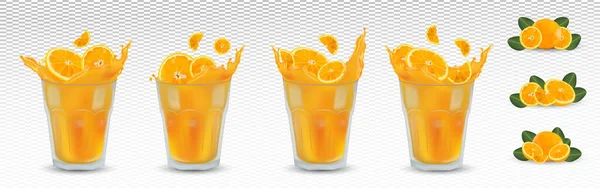 Čerstvá šťáva oranžová v průhledných brýlích. 3D realistické oranžové stříknutí. Ovocný džus se uzavírá. Oranžový plátek se zeleným listem na průhledném pozadí. Nastavit vektorovou ilustraci. — Stockový vektor
