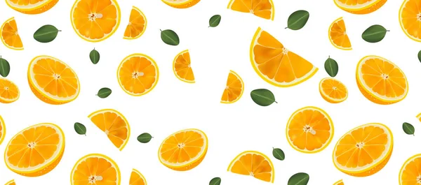 Färskt orange mönster med grönt blad. Färska orange skivor på vit bakgrund. Orange närbild. Realistisk vektor illustration — Stock vektor