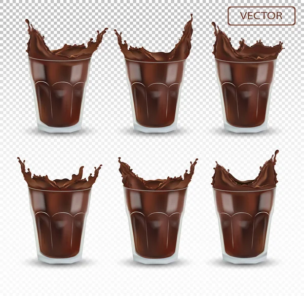 3D realistischer Schokoladenspritzer im transparenten Glas. Große Sammlung Kakao oder Kaffee. Schokoladengetränk, Cocktail isoliert auf transparentem Hintergrund. Symbolbild gesetzt. Vektorillustration — Stockvektor