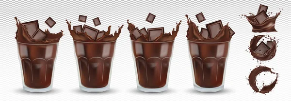 透明なガラスの中に3Dリアルなチョコレートスプラッシュとチョコレート。大きなコレクションココアやコーヒー。ダークチョコレートを。ホットチョコレート、ドリンク、カクテル。アイコンセット。ベクターイラスト — ストックベクタ