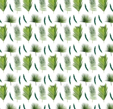 Kusursuz desen. Üç boyutlu gerçekçi tropikal egzotik yapraklar. Hurma yaprağı koleksiyonu. Yaz yaprağı. Vektör illüstrasyonu