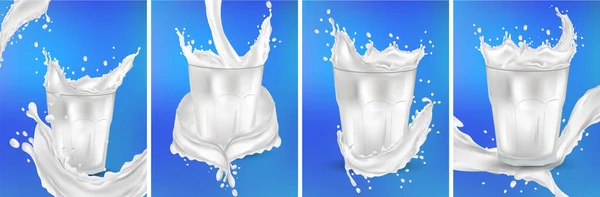 Latte in un bicchiere trasparente. Spruzzare il latte sullo sfondo blu. Latte da cocktail. Latte fresco spruzzato realistico. Set vettoriale 3D . — Vettoriale Stock