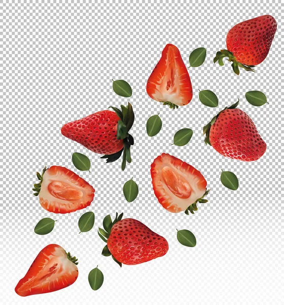 Ensemble de fraises avec des feuilles sur fond transparent. Les fraises sont entières et coupées en deux. Utile fraises fraîches mûres riches en vitamines, produit naturel. Illustration vectorielle réaliste . — Image vectorielle
