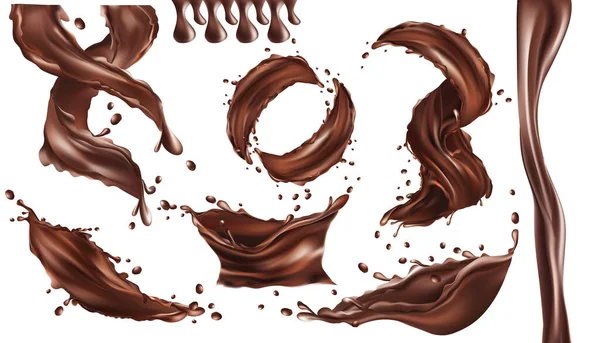 3D realistické cákání čokolády. Kroucená tmavá čokoláda s kapkou na bílém pozadí. Nastavit ilustraci. — Stock fotografie