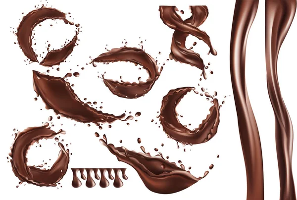 3D realistyczna ilustracja chlapanie czekolady na etykiecie projektu, masło kakaowe, pasta czekoladowa i krople czekolady na białym tle. Ilustracja zestawu — Zdjęcie stockowe