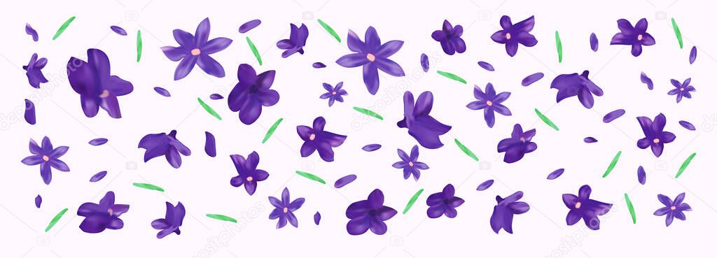 Realistic flowers lavender with green leaf. Fragrant lavender on violet background. Beautiful lavender closeup. Violet lavender in motion.Top view. 3d illustration.