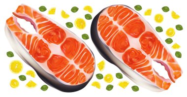 Limonlu somon balığı bifteği. Kırmızı balık, leziz. Fileto, taze somon bifteği. Menünüz için deniz ürünleri. Beyaz arkaplanda 3 boyutlu resimleme izole edildi