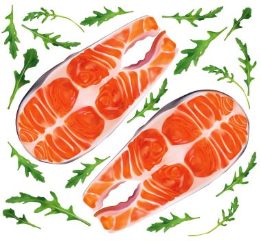 Somon balıklı çiğ biftek ve yeşil roka. Kırmızı balık, leziz. Fileto, taze somon bifteği. Menüleriniz için deniz ürünleri. Rugula koleksiyonu bırakır. Beyaz arkaplanda 3 boyutlu resimleme izole edildi.