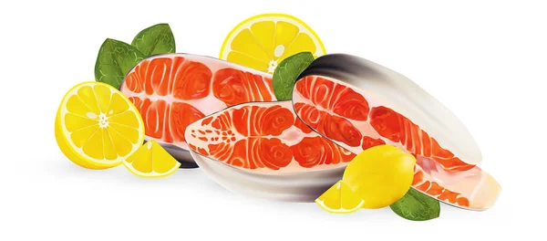 Fillet zalm met citroen en groen blad. Verse zeevruchten, biefstuk zalm op witte achtergrond. Snijd rode vis van dichtbij. Prachtige illustratie. — Stockfoto