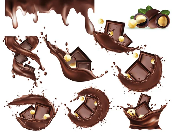 ナッツマカダミアとチョコレートスプラッシュ.透明感のある背景にドロップ入りのチョコレート。チョコレートペースト。ココアだ。チョコレートバー。リアルなイラストをセット. — ストック写真