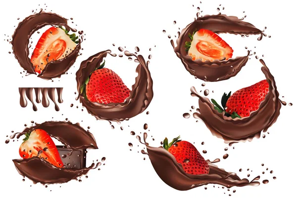 3d realistic chocolate splash with strawberry. Collection strawberries covered in chocolate. Sweet chocolate dessert on white background. Beautiful illustration. — Stock Photo, Image