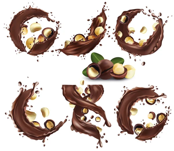 Chocolate splash with nuts. Dark chocolate-nuts paste. Cocoa. Chocolate dessert. Collection 3D realistic chocolate spray. Beautiful Illustration — Stock Photo, Image